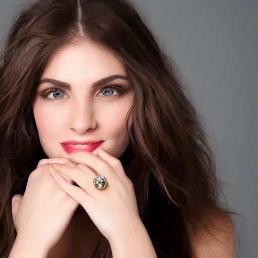 Prompt: beautiful brunette model holding up hand highlighting large diamond ring, studio lighting, studio photography, high resolution, perfect face, sharp focus, ring light, dslr, 8 k