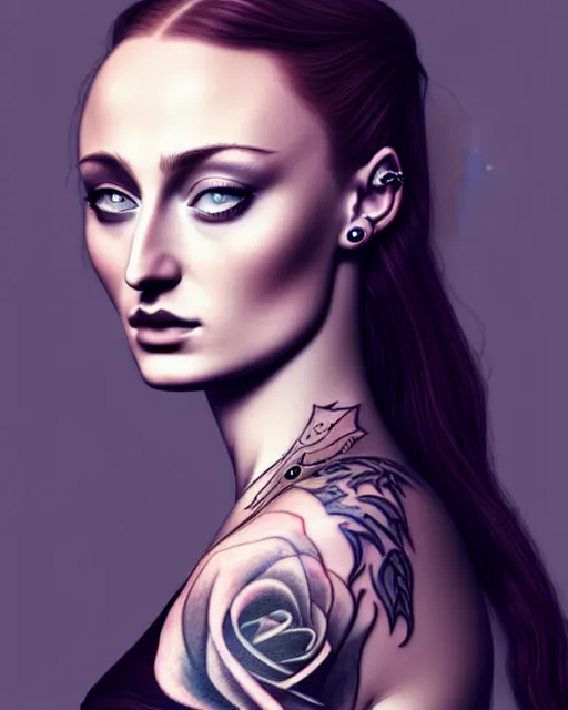 Image similar to beautiful woman Sophie Turner with full sleeve tattoos and neck tattoo, symmetrical face, portrait, Charlie Bowater character art, cinematic lighting