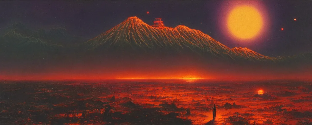 Image similar to awe inspiring bruce pennington landscape, digital art painting of 1 9 7 0 s, japan at night, 4 k, matte