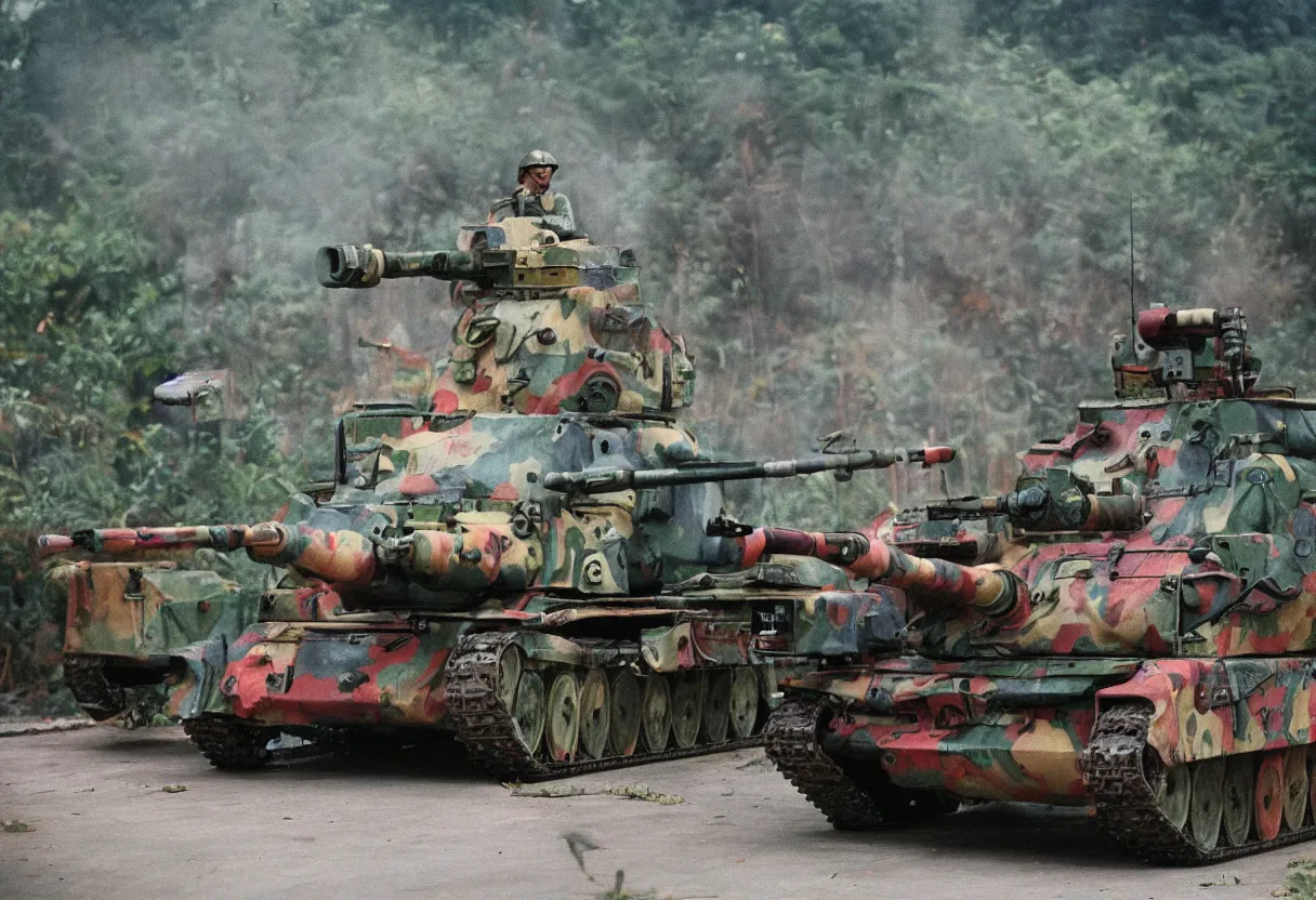 Image similar to colorful military pokemon tank, vietnam, post apocalyptic, shot on film,