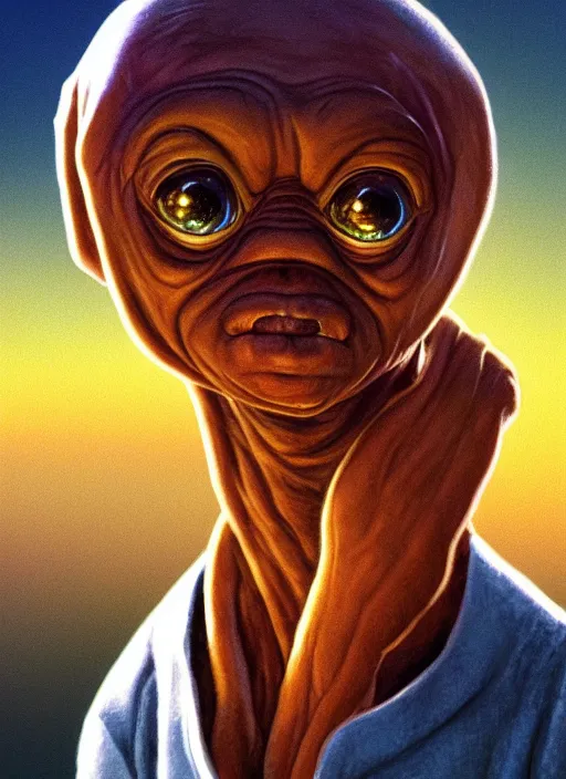 Image similar to portrait of E.T. (1982), highly detailed, centered, solid color background, digital painting, artstation, concept art, smooth, sharp focus, illustration, drew struzan, John Alvin