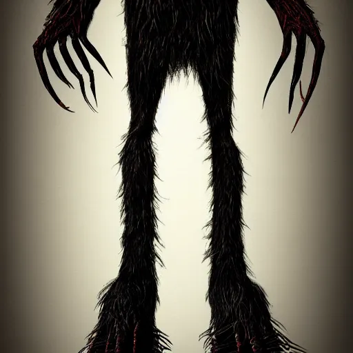 Prompt: tall bipedal creature in the darkness, long claws, large long pointy teeth, drooling, hunched over, dark cavern, no light, highly intricate, detailed, 8 k