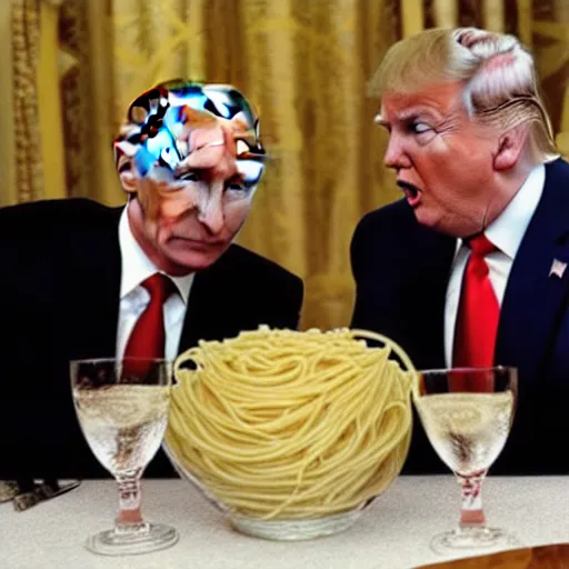 Image similar to donald trump and vladimir putin eating spaghetti like lady and the tramp