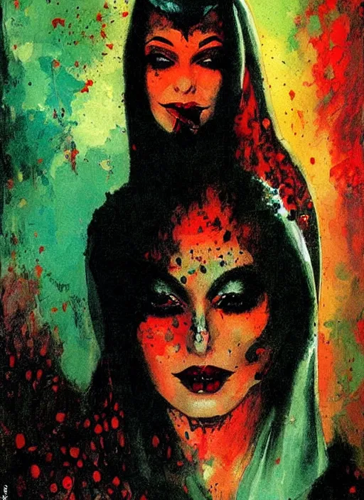 Image similar to portrait of svelt iranian vampiress, jeweled veil, strong line, saturated color, beautiful! coherent! by frank frazetta, high contrast, blood splatter background