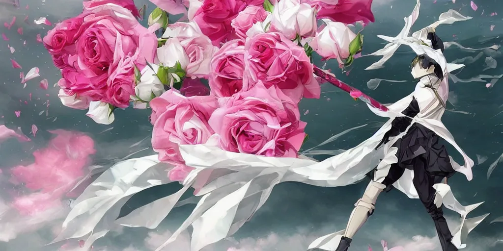 Prompt: floating flying longswords slicing through a bouquet of white and pink roses, flowers exploding and spraying, big puffy clouds, sharp rain, large rose petals, lotus petals, large polygonal background elements, large polygons, dramatic anime, dramatic lighting, artgerm, manga, trending on artstation, art nouveau, mature colors