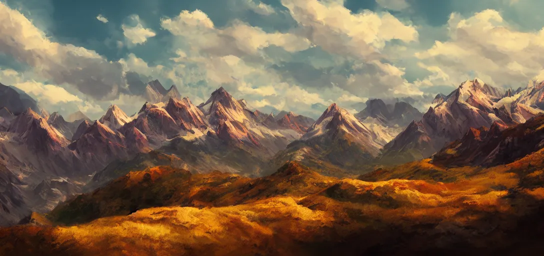Image similar to mountain landscape, craggy mountains, panoramic, painting, color palette, beautiful sky, sharp peaks, soft foothills, artstation award, highly detailed