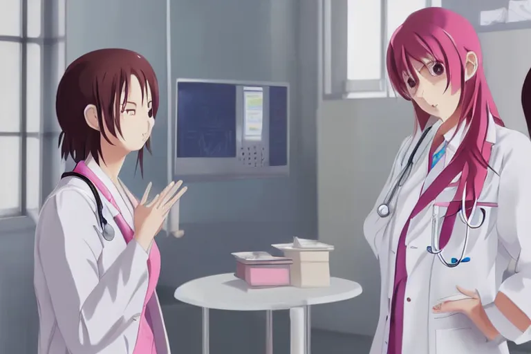 Prompt: a beautiful young female doctor wearing white coat are talking with a nurse wearing pink coat in a hospital ward, slice of life anime, anime scenery by Makoto shinkai