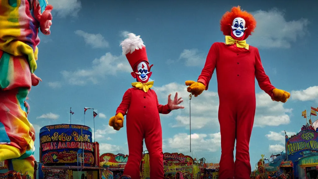 Image similar to the 5 0 foot clown at the fair, film still from the movie directed by denis villeneuve and david cronenberg with art direction by salvador dali and dr. seuss