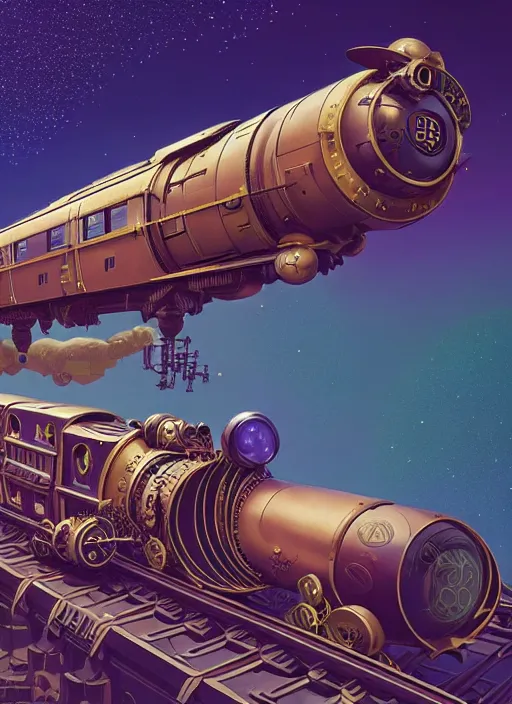 Image similar to a steampunk train in hyperspace by paolo eleuteri serpieri and tomer hanuka and chesley bonestell and daniel merriam and tomokazu matsuyama, unreal engine, high resolution render, featured on artstation, octane, 8 k, highly intricate details, vivid colors