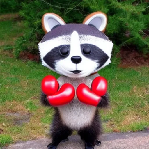 Image similar to cute kawaii raccoon wearing red boxing gloves, radiant light