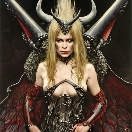 Image similar to head and shoulders portrait of an armored erinyes devil with huge bat wings, portrayed by young robin wright, d & d, fantasy, luis royo, magali villeneuve, donato giancola, wlop, krenz cushart, hans zatka, klimt, alphonse mucha