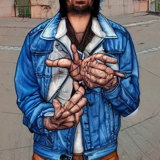 Prompt: ripped physique telekinesis man disguised as a mosquito whilst wearing a denim jacket leonardo da vinci jean sebastien rossbach jeff easley jen bartel staedtler