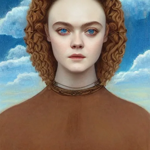 Image similar to professional painting of Elle Fanning in Santorini in the style of Dino Valls, head and shoulders portrait, symmetrical facial features, smooth, sharp focus, illustration, intricate, stormy weather, extremely detailed masterpiece,