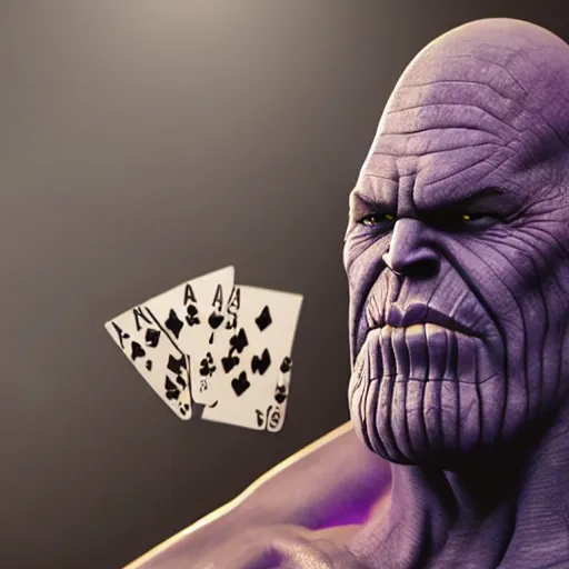 Image similar to thanos playing poker and going all in, high detail, photorealistic, depth of field