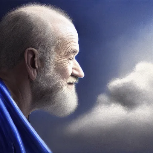 Image similar to robin williams talking with george carlin in heaven, white beard, blue eyes, white robe, clouds, heaven, intricate, detailed, volumetric lighting, scenery, digital painting, highly detailed, artstation, sharp focus, illustration, concept art, ruan jia, steve mccurry