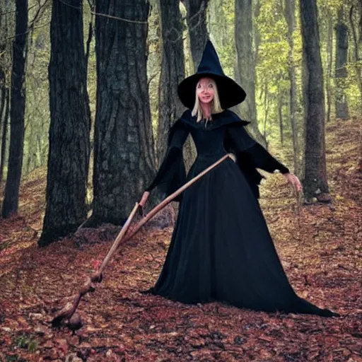 Prompt: The Secret of Nimh Style, Beautiful Witch, Black Dress, on Broomstick, in Woods