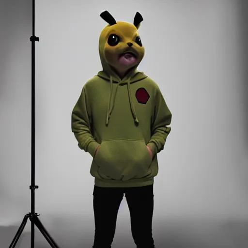 Prompt: model cute detective pikachu wearing hoodie at a model photoshoot studio lighting by annie leibovitz