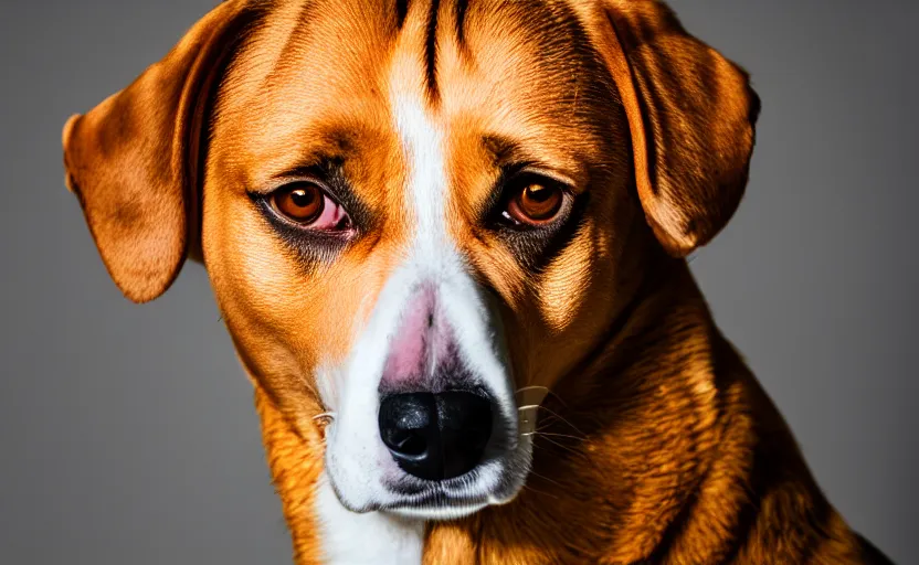 Image similar to studio photography of a dog, yellow background, detailed face, cinematic lighting, 8 k