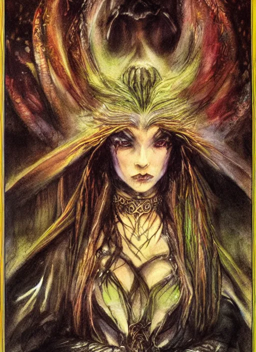 Image similar to portrait of young female sorceress of the endtimes, beautiful! coherent! dungeons and dragons character, by brian froud, strong line, cool night color, high contrast