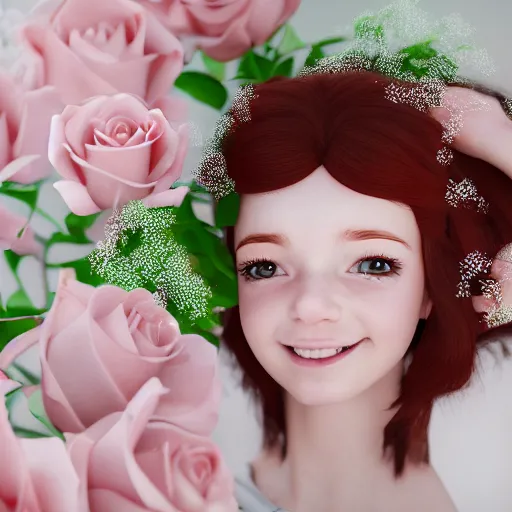 Prompt: portrait, cute teen girl with red hair dressed in white baby doll dress smiling, wearing natural makeup, holding a bouquet of roses in her hands, ultrarealistic, hyperrealism, cinematic, intricate detail, 3D rendered, photo realistic, clean detail, octane rendering, vray, unreal engine 5, 8k
