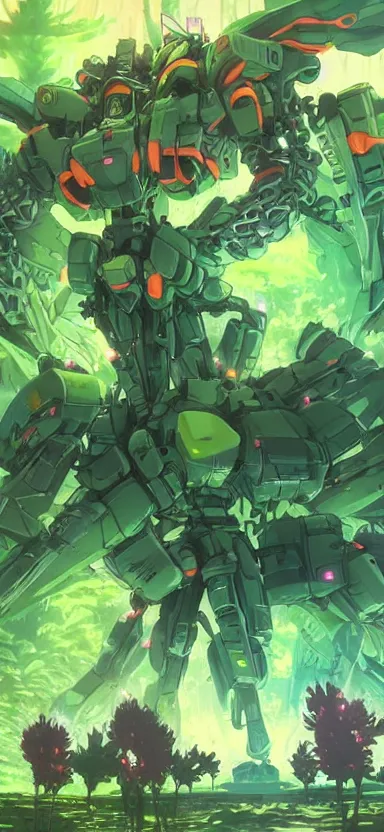 Image similar to giant plant mech, forest, key art, aesthetic, anime, shigeto koyama, hiroyuki imaishi