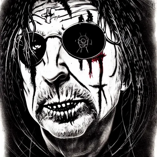 Prompt: graphic illustration, creative design, rob zombie as alice cooper, biopunk, francis bacon, highly detailed, hunter s thompson, concept art