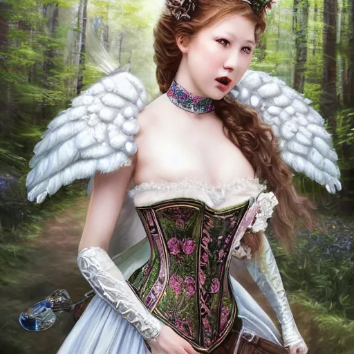 Image similar to A masterpiece ultrarealistic ultradetailed portrait of a Incredibly beautiful angel armored princess knight IN INCREDIBLE FEARFUL sharp poisoned GAS MASK WITH FLOWERS and swarovski crystals. baroque renaissance. in the forest. White amazing corset. medium shot, intricate, elegant, highly detailed. trending on artstation, digital art, by Stanley Artgerm Lau, WLOP, Rossdraws, James Jean, Andrei Riabovitchev, Marc Simonetti, Yoshitaka Amano. background by James Jean and Gustav Klimt, light by Julie Bell, 4k, porcelain skin. BY ZDIZISLAW BEKSINSKI Cinematic concept art