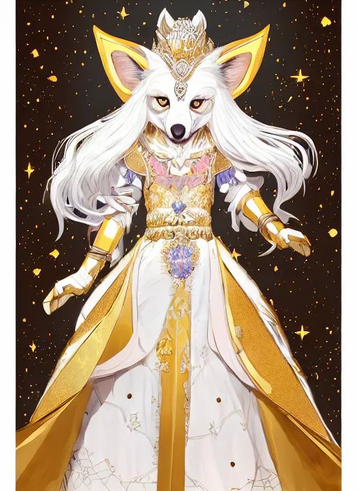 Image similar to commissioned full body portrait of a female anthro wolf-headed princess fursona with white hair wearing a white and gold chinese armored dress in a white and gold palace on a starry night with a large rescent moon, by a professional manga illustrator, Stanley Artgerm Lau, WLOP, Rossdraws, James Jean, Andrei Riabovitchev, Marc Simonetti, and Sakimichan, trending on artstation