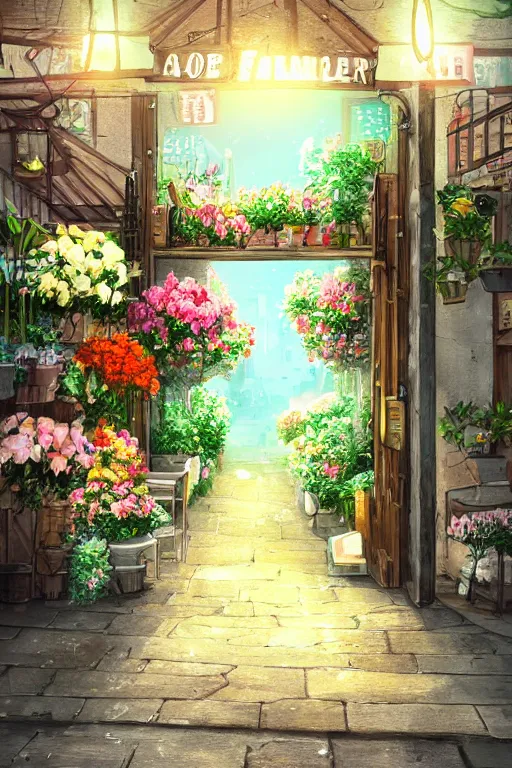 Prompt: a little flower shop's front gate, fresh, digital illustration, pixiv, dramatic lighting