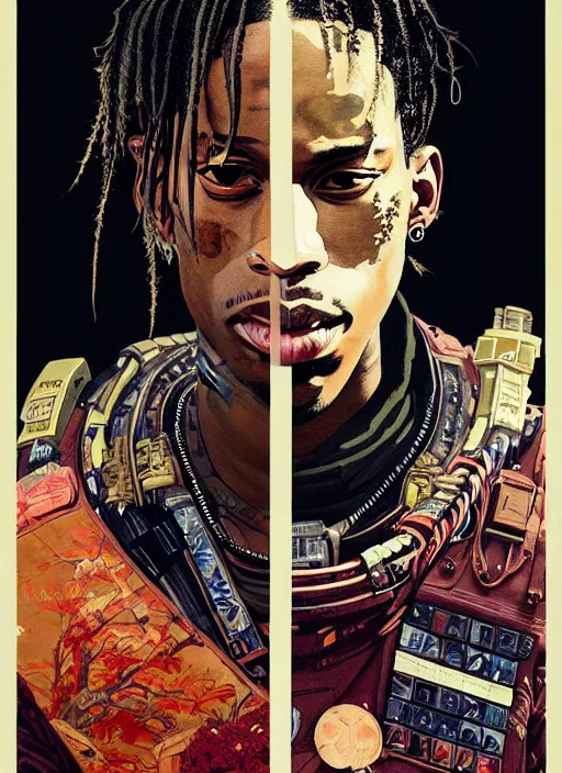 Image similar to a beautiful ukiyo painting of travis scott as a timepunk battle space pilot, wearing space techwear, detailed close up portrait, intricate complexity, concept art, by takato yamamoto, wlop, krenz cushart. cinematic dramatic atmosphere, sharp focus, digital full likeness art. center frame