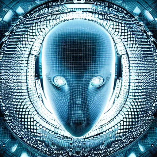 Image similar to an insanely detailed cibernetic artwork of a futuristic artificial intelligence superstar, extremely detailed water texture, centered image, perfectly symmetrical alien face, with frames made of detailed fractals, octane render, 4k, insanely detailed, detailed grid as background, photorealistic digital art, hyper realism, high detail, cgi