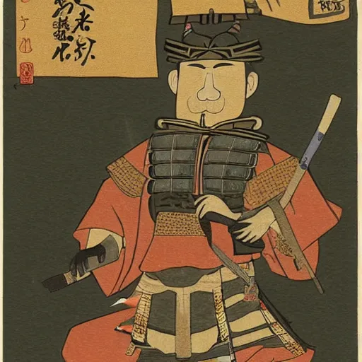 Image similar to a ancient samurai smoking a joint on a pony