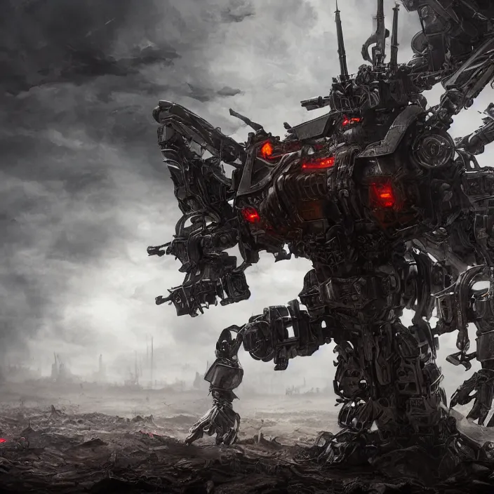 Prompt: apocalyptic man attached to machine weaponry mech, hyper - detailed, smooth, sharp focus, 4 k ultra hd, fantasy dark art, apocalyptic art