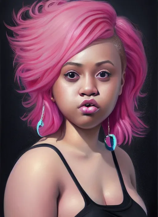 Image similar to full body portrait, teenage vanessa morgan, pink hair, obese, curly pixie hair, sultry, realistic, short hair, hoop earrings, skirt, shirt, fat, belly, black girl, intricate, elegant, highly detailed, digital painting, artstation, concept art, smooth, sharp focus, illustration, art by wlop, mars ravelo and greg rutkowski