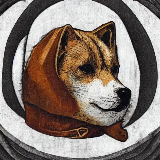 Prompt: three quarters portrait of dogecoin. renaissance style, circular elements