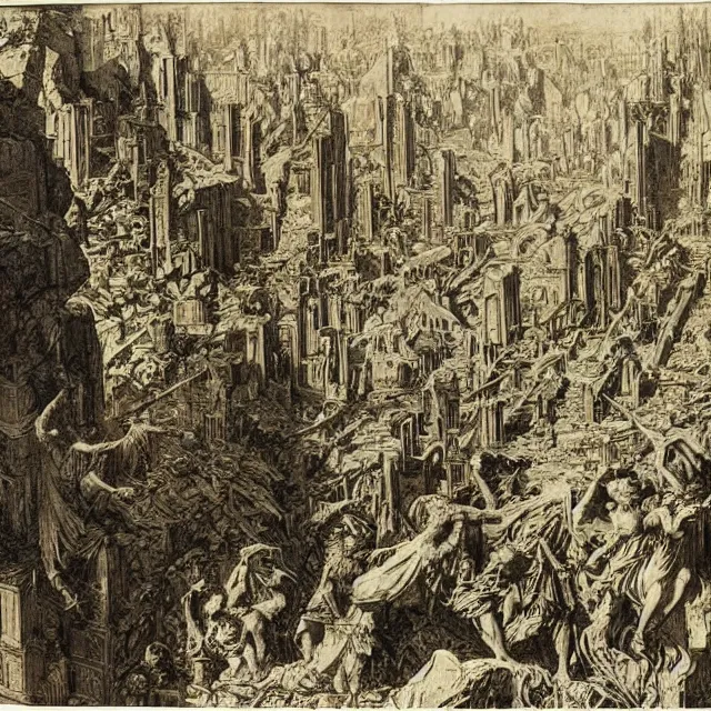 Prompt: artwork by Franklin Booth and Gustav Doré showing the fall of the city of Babylon