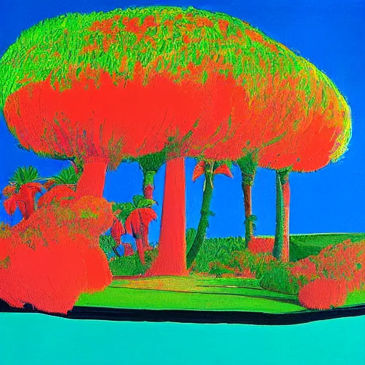 Prompt: painting of a small, tropical island in the middle of the ocean, David Hockney, colorful
