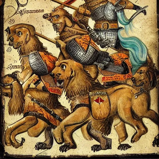 Image similar to Dog warriors riding lions into battle, medieval weapons and armour