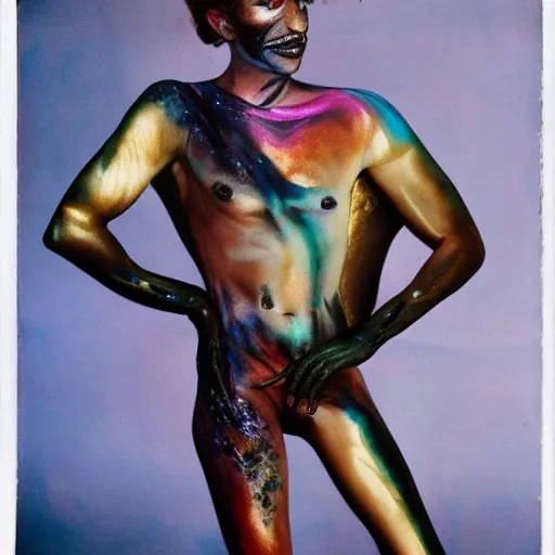 Image similar to iridescent bodypaint on a swashbuckling space pirate, photo by diane arbus