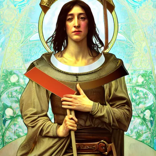 Image similar to portrait of charlotte gainsbourg as joan of arc, hyperreal digital painting, iconography influenced by alphonse mucha and eugene delacroix, arstation and deviantart trends, high resolution 8 k