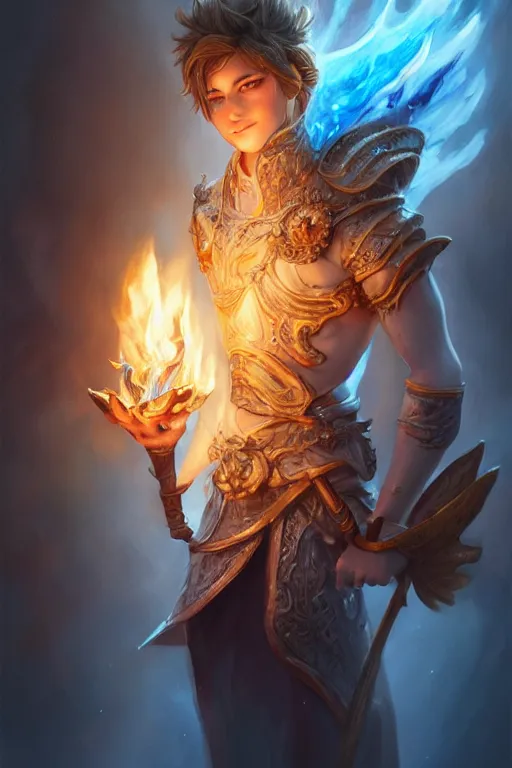 Image similar to legendary fairy prince hold flame staff, blue energy, highly detailed, d & d, fantasy, highly detailed, digital painting, trending on artstation, concept art, sharp focus, illustration, global illumination, ray tracing, realistic shaded, art by artgerm and greg rutkowski and fuji choko and viktoria gavrilenko and hoang lap