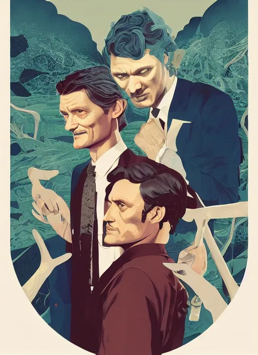 Prompt: poster artwork by Michael Whelan, Bob Larkin and Tomer Hanuka, Karol Bak of portrait of Hugh Dancy & Mads Mikkelsen arm around each other, chaperoning the school dance, from scene from Twin Peaks, simple illustration, domestic, nostalgic, from scene from Twin Peaks, clean