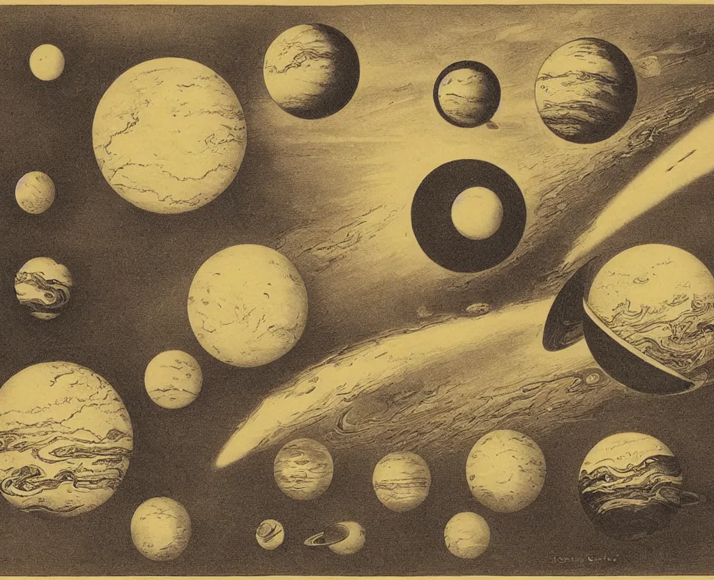 Prompt: sun and planets lithograph by adolphe millot