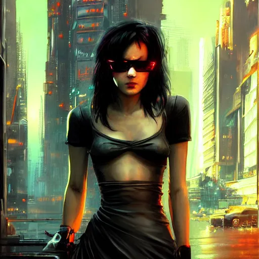 Prompt: cyberpunk, halfbody shot of a young razorgirl, sunglasses, black hair, shag cut, dramatic light, city background, sunset, dystopian setting, high contrast, sharp, painted by stanley lau, painted by greg rutkowski, painted by stanley artgerm, digital art, trending on artstation