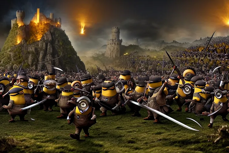 Image similar to diorama of minions fighting orcs in the battle of helm's deep, giant castle walls, realistic, 4 k, detailed, atmospheric, cinematic lighting