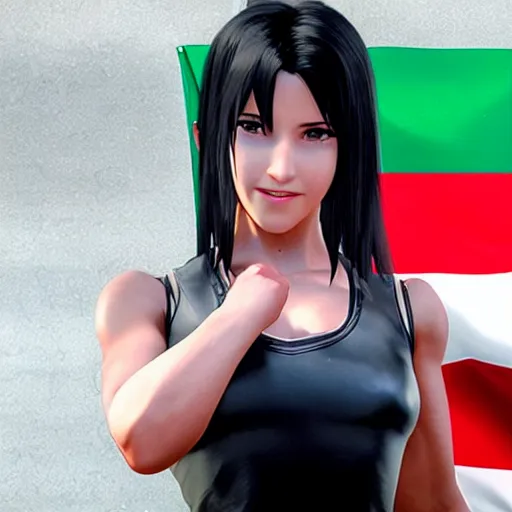 Image similar to Tifa Lockhart from Final Fantasy VII Remake (2020) laughing with the Italian flag in the background