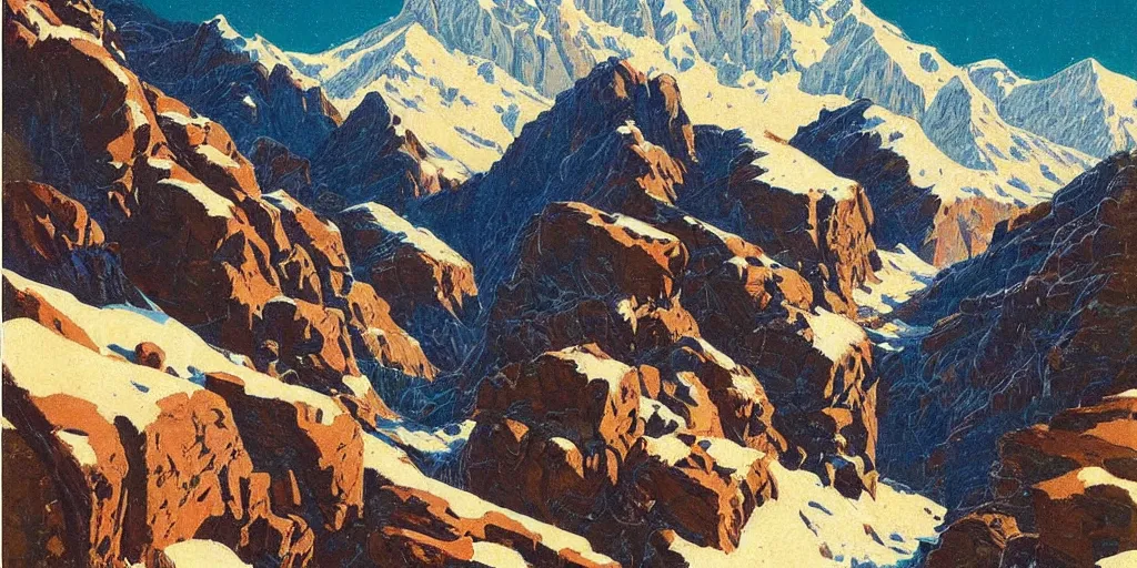 Prompt: beautiful!!!!!!!!!!!! idyllic poster illustration for a craggy ice snow valley canyon national park by ludwig hohlwein, ludwig hohlwein!!!!!!!!!!