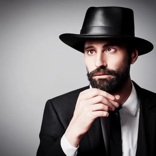 Image similar to a gentleman wearing a black leather hat, cinematic style, front view, cool looking