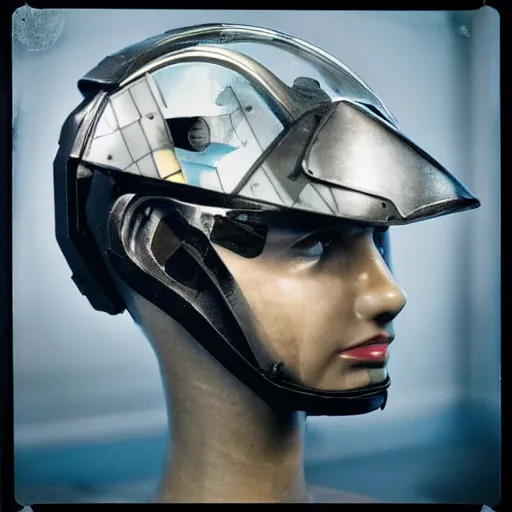 Image similar to neofuture cyberpunk helmet, polaroid