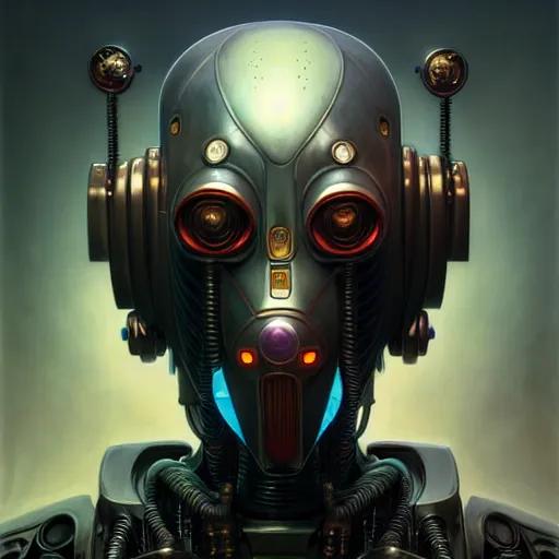 Image similar to low angle shot of a cyberpunk gazmask robot character, intricate, elegant, highly detailed, centered, digital painting, artstation, concept art, front shot, smooth, sharp focus, illustration, artgerm, Tomasz Alen Kopera, Peter Mohrbacher, donato giancola, Joseph Christian Leyendecker, WLOP, Boris Vallejo